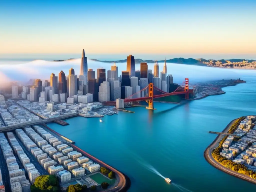 Skyline de San Francisco: Tradición y modernidad con el Puente Golden Gate Vista aérea de San Francisco con la transformación tecnológica en su skyline: mezcla de historia y modernidad con el Puente Golden Gate de fondo