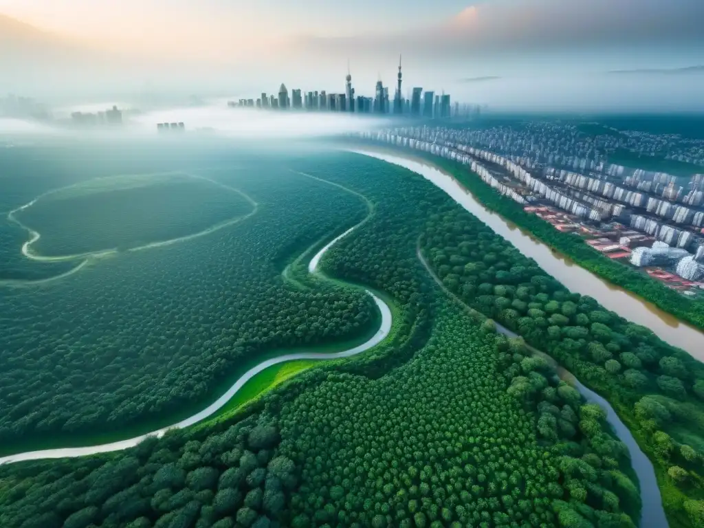 Oportunidad de inversión: Naturaleza virgen frente a la modernidad urbana Vista aérea de terrenos sin desarrollar valorización internacional con ríos, colinas verdes y ciudad moderna al fondo