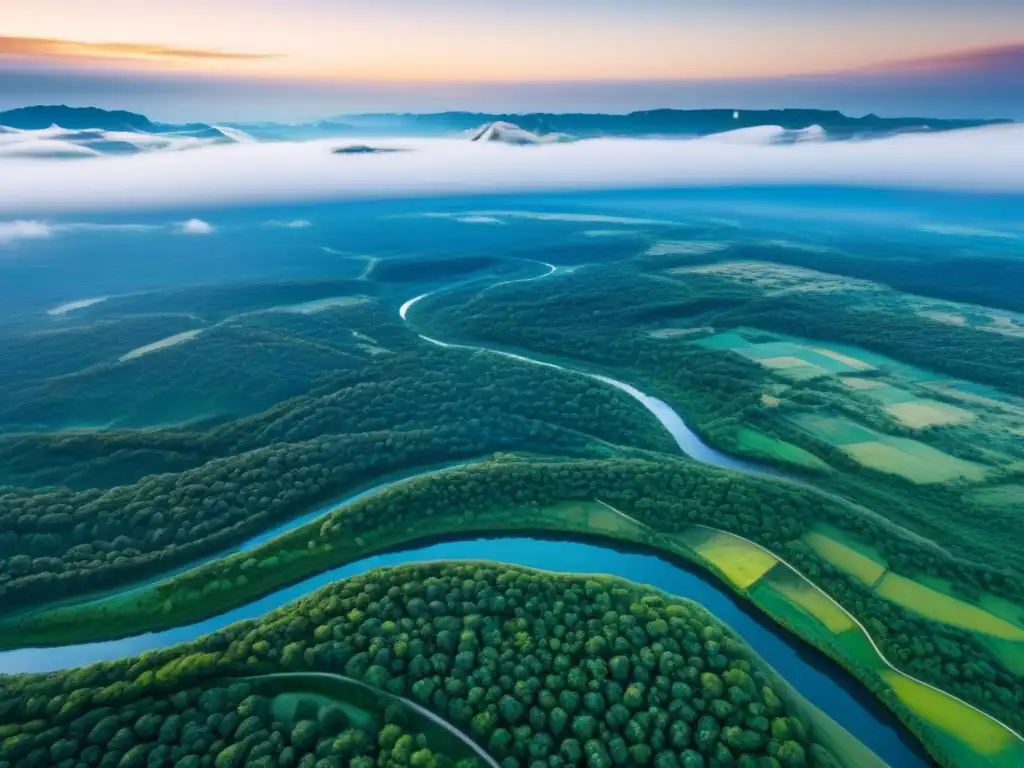 Vista aérea en 8k de terrenos sin desarrollar en el mercado inmobiliario, con diversa geografía y potencial para proyectos futuros