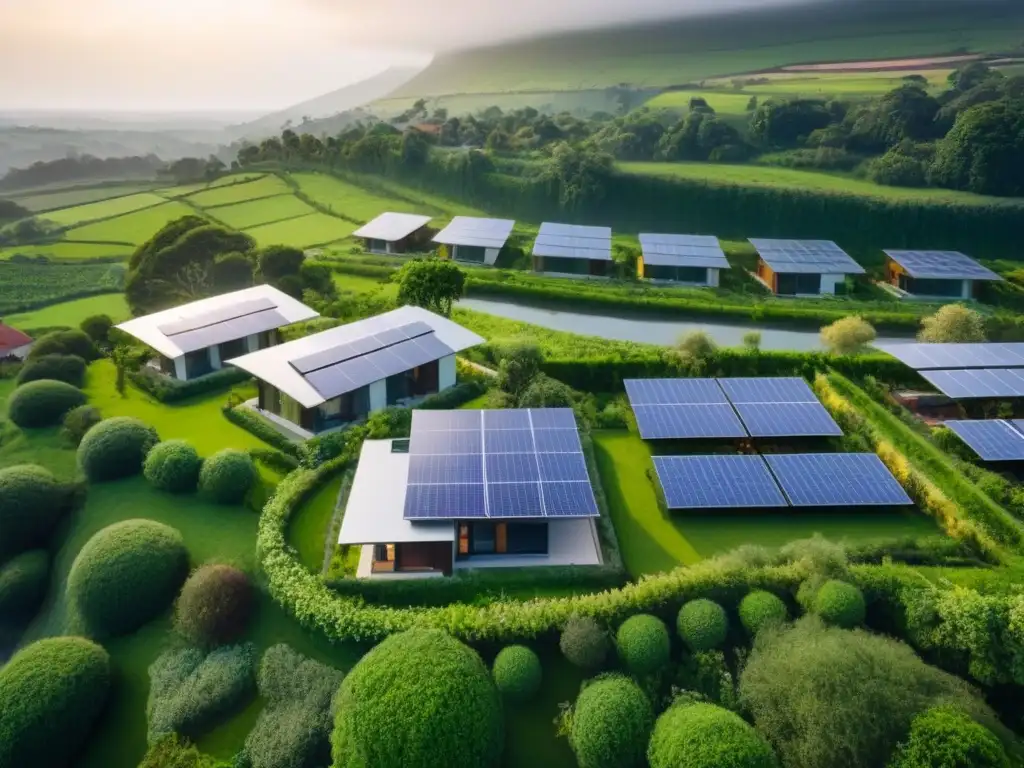 Urbanismo sostenible en armonía con la naturaleza 'Vista aérea de terrenos sin desarrollar sostenibles con casas ecoamigables y paneles solares'