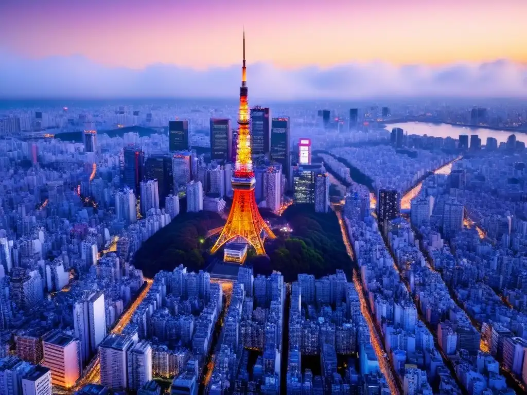 Tokyo Tower iluminado: vista aérea al atardecer Vista aérea de Tokio al anochecer con la Torre de Tokio iluminada y rascacielos, reflejando la energía y modernidad del mercado inmobiliario