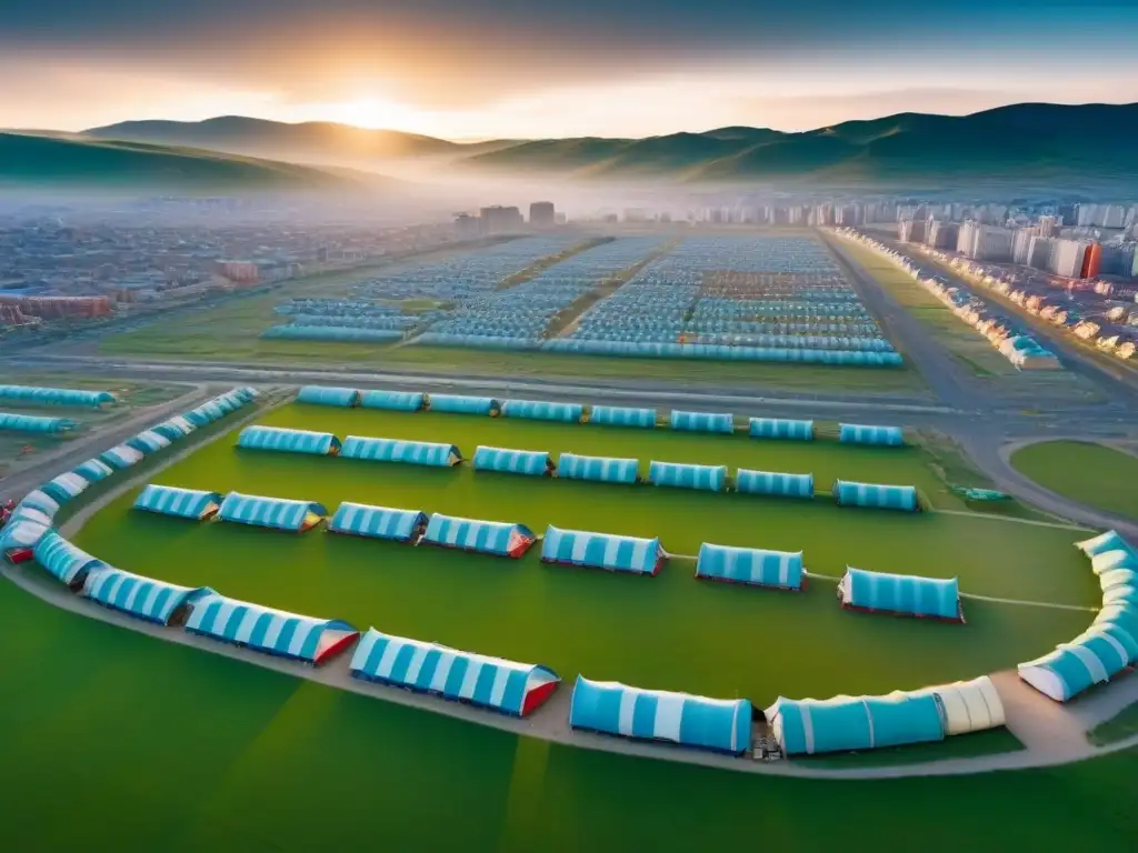 Contraste urbano en Ulaanbaatar, Mongolia: yurtas tradicionales y rascacielos modernos Vista aérea de Ulaanbaatar, Mongolia, mezcla de yurtas tradicionales y rascacielos modernos