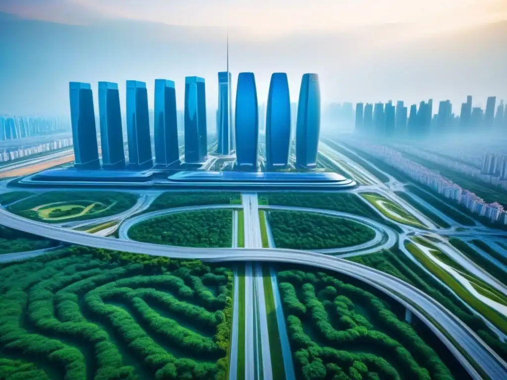 Metrópolis futurista en la Iniciativa Cinturón y Ruta Vista aérea ultradetallada de una ciudad futurista en la Franja y la Ruta, con rascacielos, calles llenas de vehículos eléctricos y espacios verdes integrados