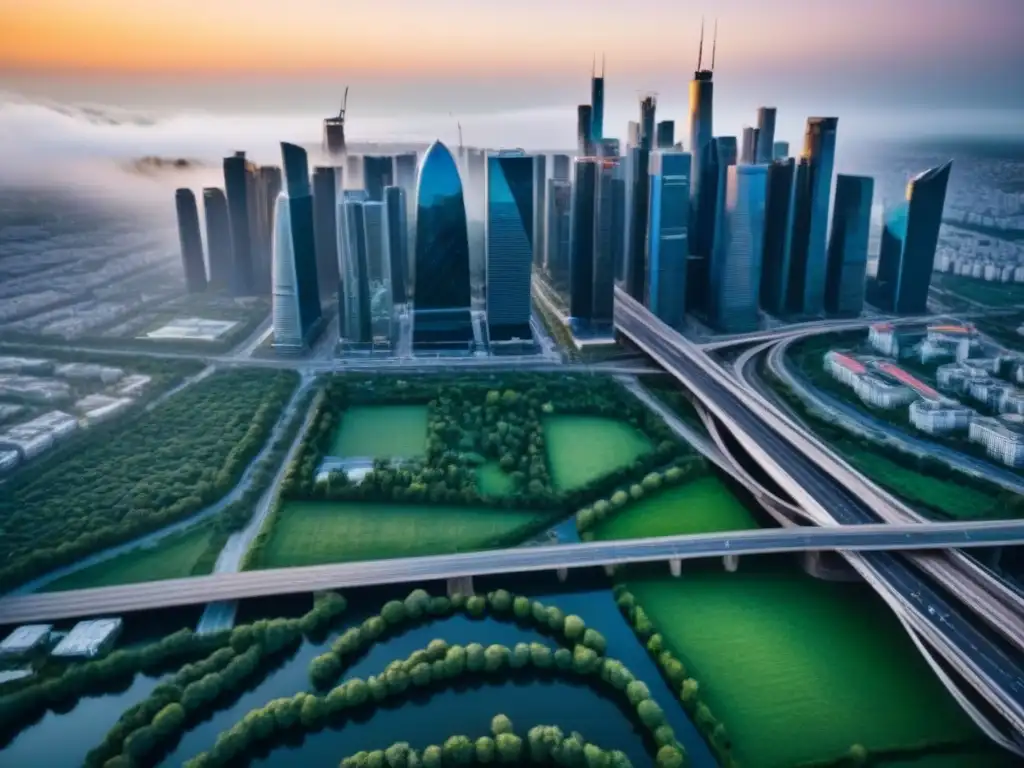 Vista aérea detallada de una ciudad moderna: tecnología en bienes raíces Vista aérea ultradetallada de una ciudad moderna con rascacielos, integrando tecnología en inversiones inmobiliarias internacionales