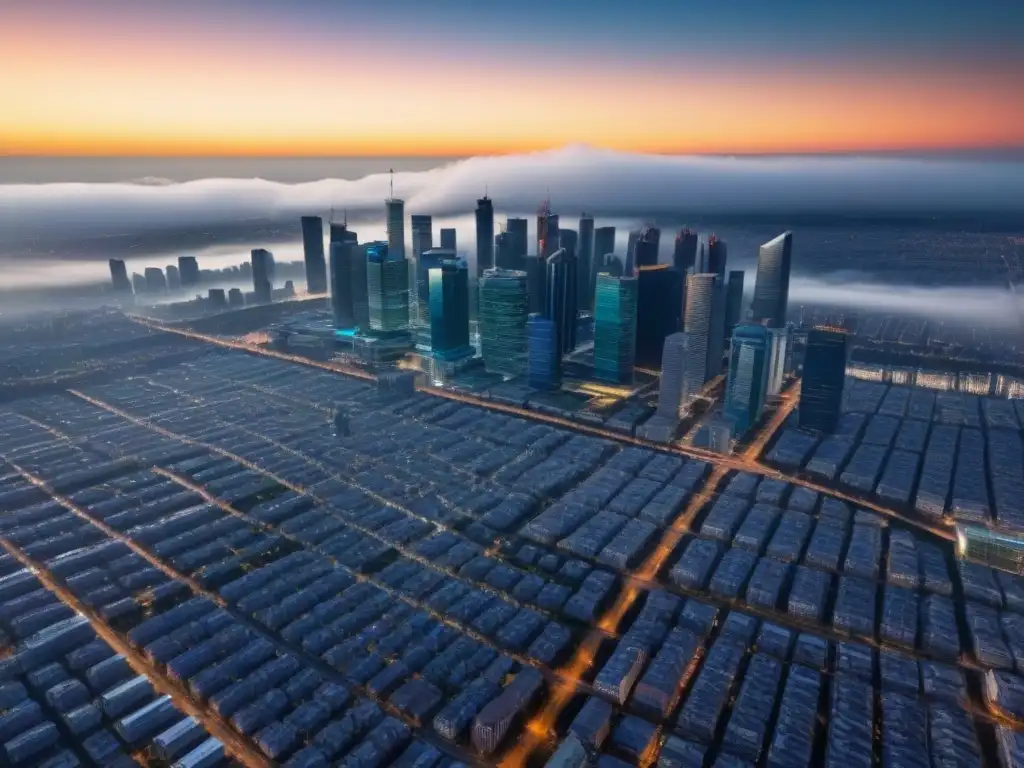 Metropolis: Centro vs Periferia en Evolución Vista aérea de la descentralización urbana en el mercado inmobiliario, mostrando el contraste entre el centro y las áreas suburbanas