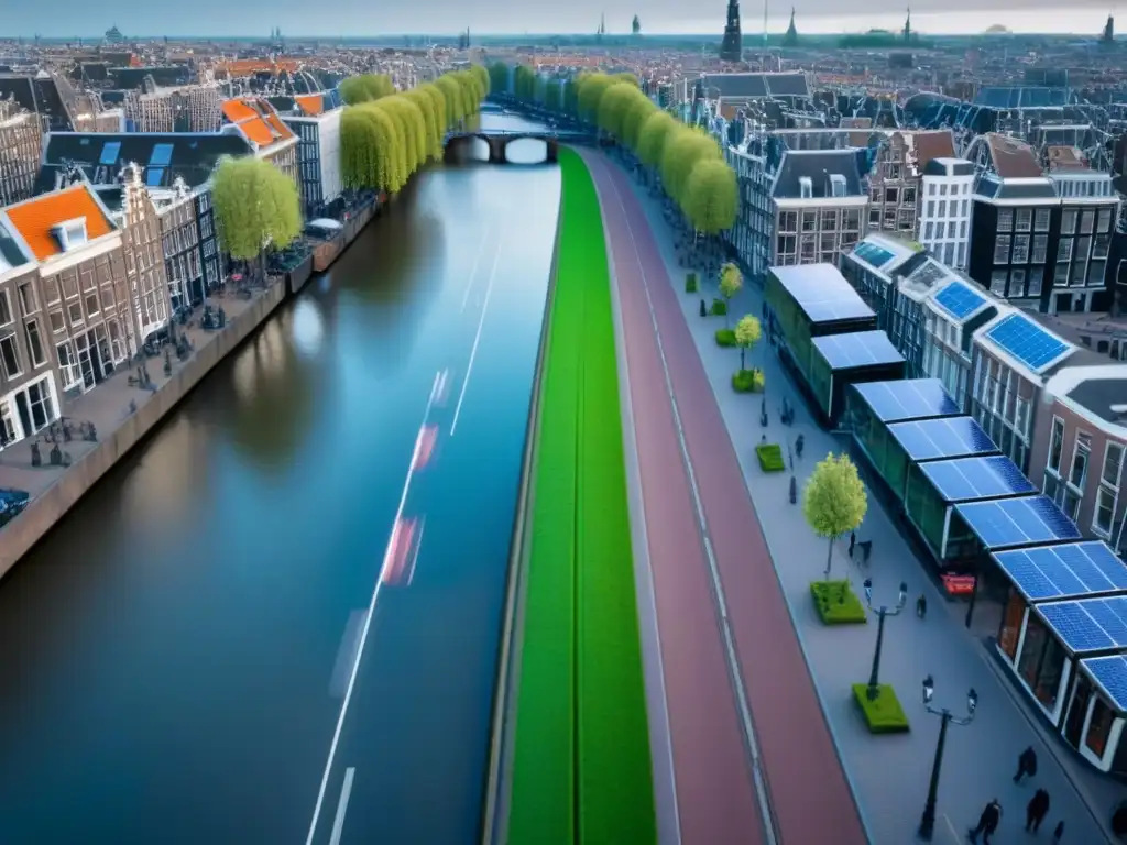 Vista aérea de Amsterdam: Sostenibilidad y vida urbana Vista aérea de Amsterdam con planificación urbana sostenible y vida ciudadana activa