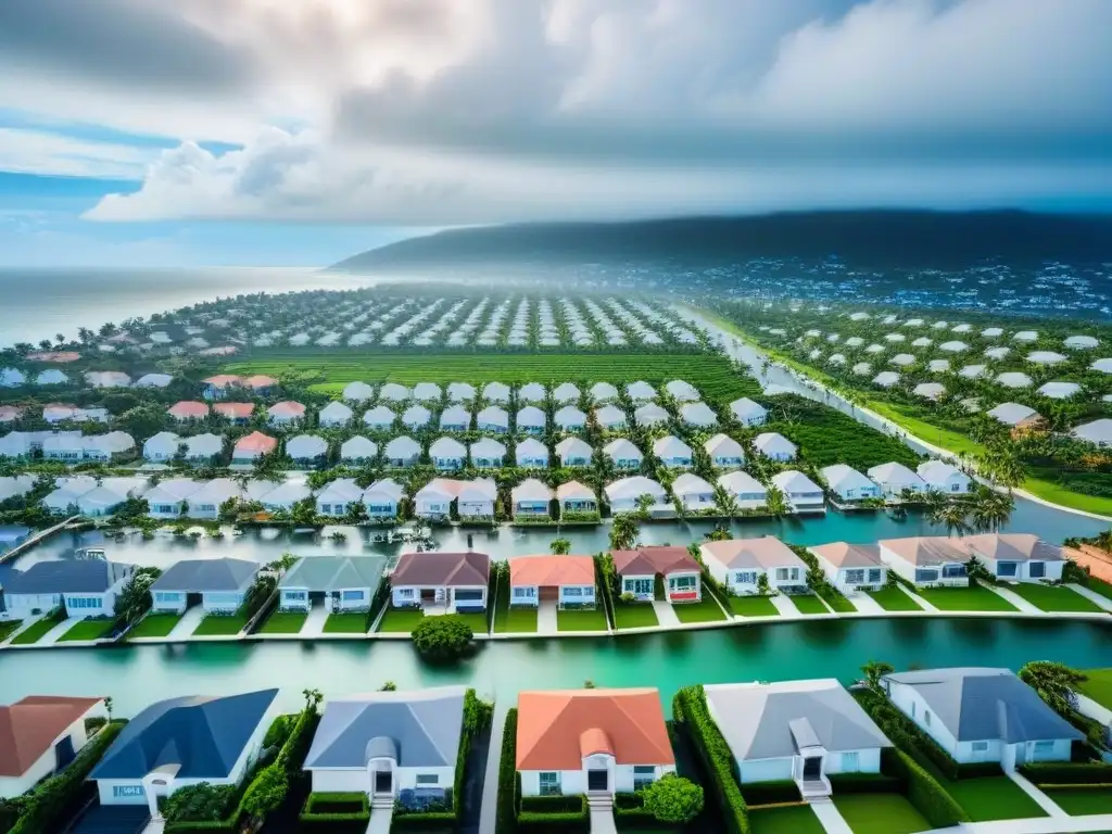 Barrios residenciales seguros: protección ante desastres naturales Vista aérea de vecindario moderno con medidas avanzadas para asegurar propiedad en zonas vulnerables, en un paisaje costero sereno