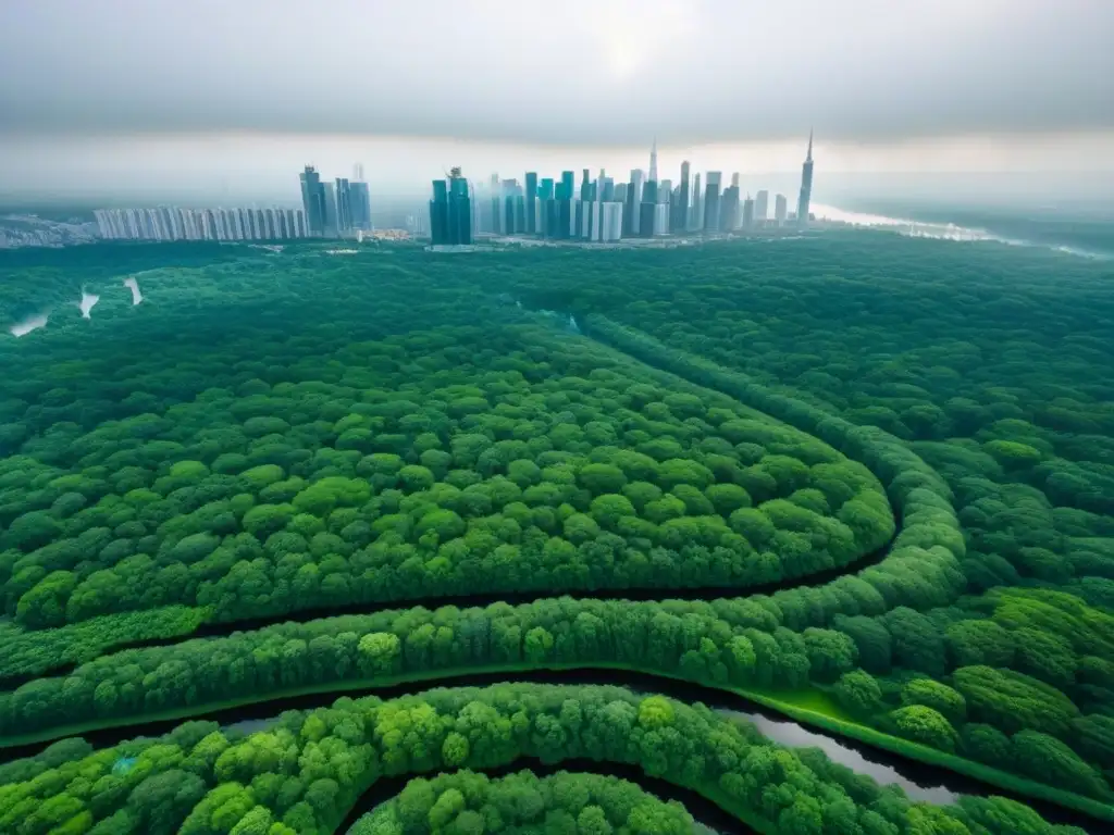 Armonía urbana: bosque verde y ciudad vibrante Vista aérea de bosque verde integrado con ciudad, resaltando coexistencia armoniosa