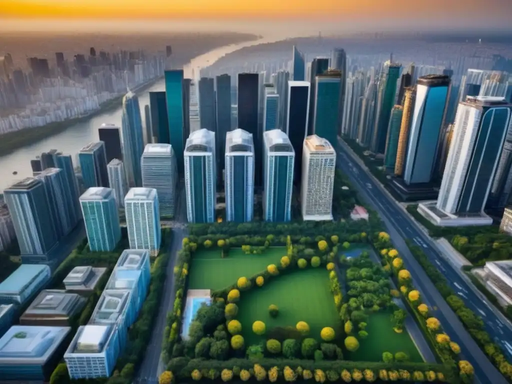 Esplendor urbano al atardecer: modernos rascacielos en metrópolis vibrante Vista aérea de metrópolis vibrante con rascacielos modernos y vegetación exuberante, bañada por la luz dorada de un atardecer radiante