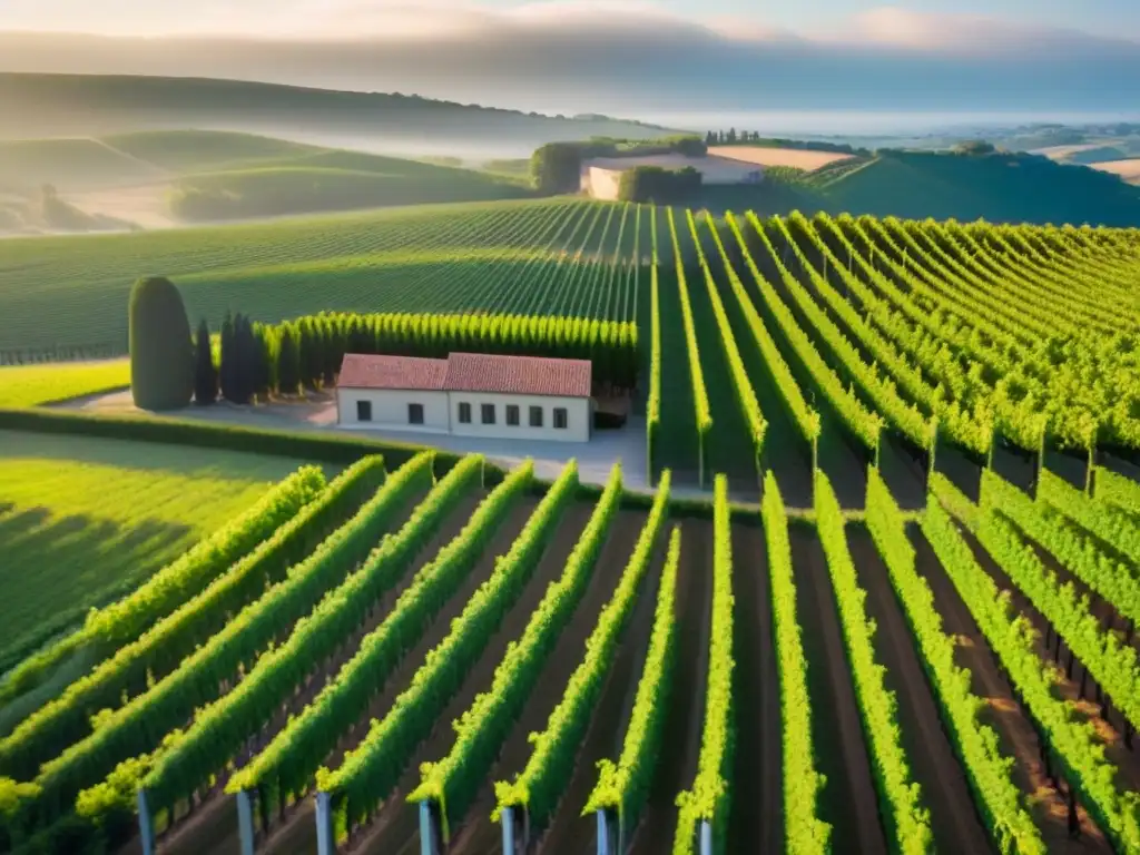 Viñedos exuberantes: innovación y tradición en bodegas internacionales Vista aérea de viñedos verdes con racimos de uvas, bodega moderna