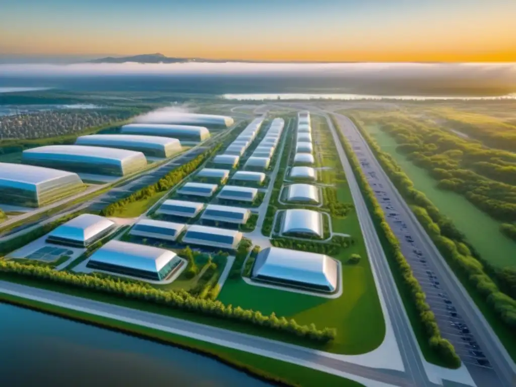 Zona de libre comercio en Canadá: innovación y sostenibilidad Vista aérea de zona franca en Canadá con arquitectura futurista, vegetación exuberante y vehículos eléctricos