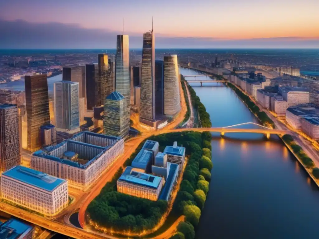 Metrópolis vibrante: fusión arquitectónica en atardecer Vista aérea de una zona metropolitana al anochecer, con modernos rascacielos y edificios históricos iluminados por luces de la ciudad