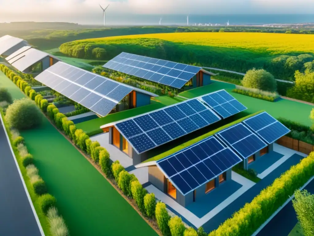 Arquitectura sostenible: oasis verde en la ciudad Vista aérea de zona residencial ecológica con techos verdes, paneles solares y turbinas eólicas, rodeada de jardines y senderos