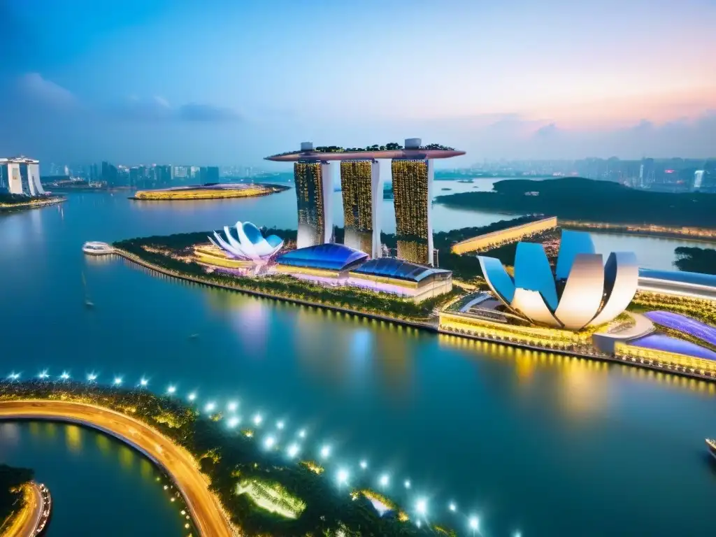 Horizonte de Singapur: luces y innovación en el mercado inmobiliario Vista aérea de Singapur al anochecer con Marina Bay Sands y Supertree Grove