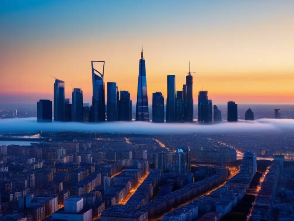 Horizonte urbano futurista en 8k: ciudad global en atardecer Vista de atardecer en ciudad global con rascacielos modernos, reflejando la sofisticación de inversionistas globales mercado inmobiliario