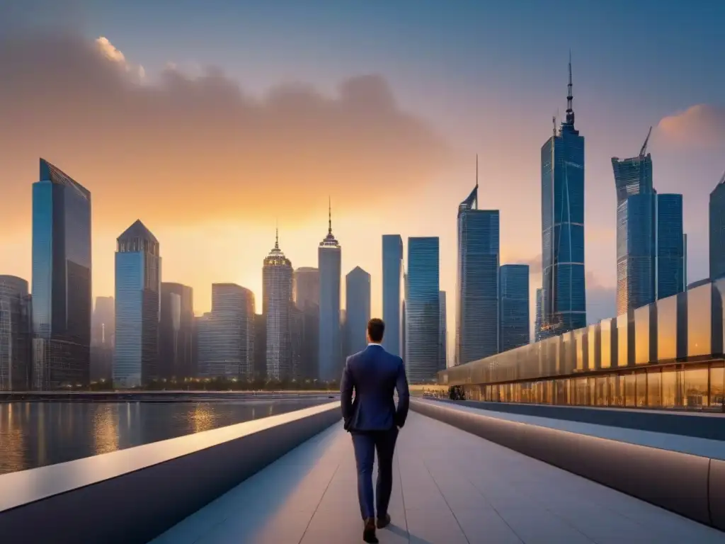 Skyline urbano al atardecer: arquitectura histórica y moderna en armonía Vista de la ciudad al atardecer con arquitectura histórica y rascacielos modernos