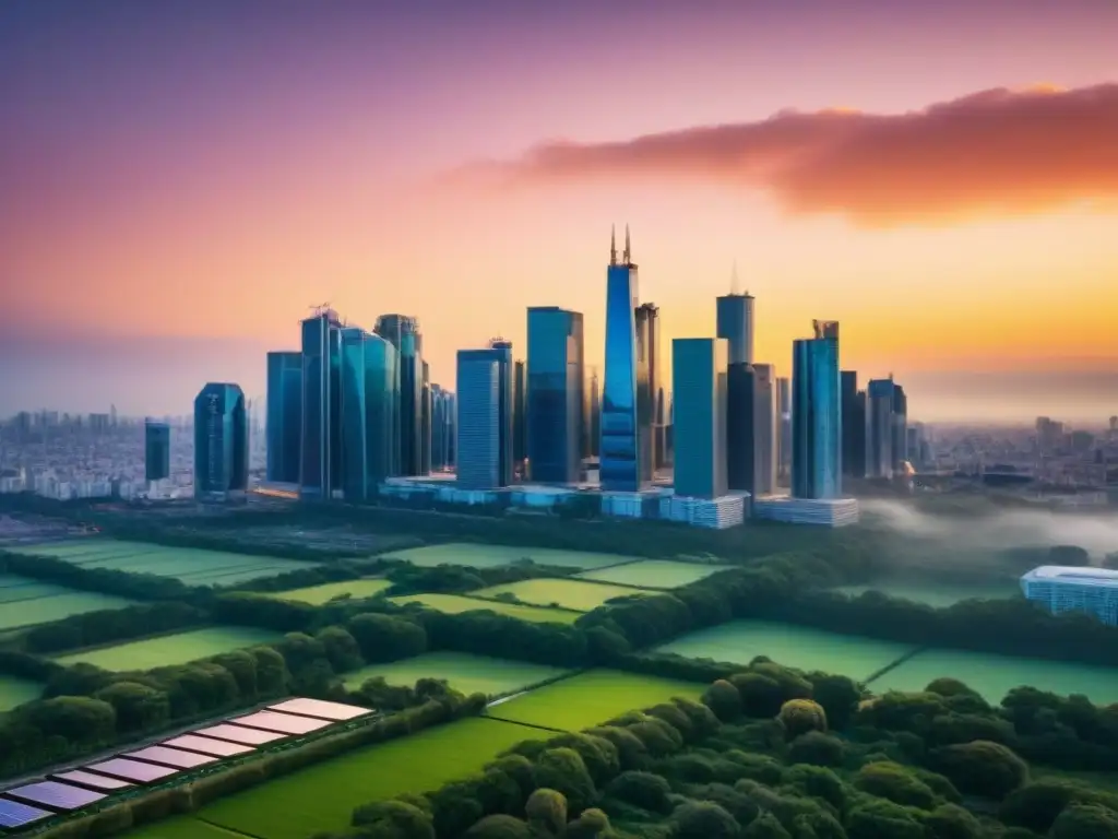 Horizonte urbano sostenible: armonía entre modernidad y naturaleza Vista de la ciudad al atardecer con rascacielos modernos, áreas verdes y paneles solares, simbolizando la unión armoniosa de sostenibilidad y desarrollo urbano en el sector inmobiliario internacional