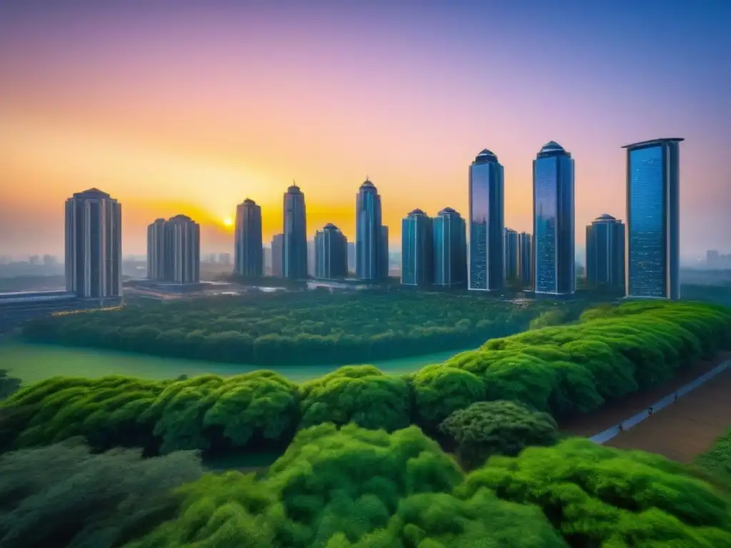 Armonía urbana: educación y desarrollo en ciudad dinámica 'Vista de la ciudad al atardecer con rascacielos modernos y espacios verdes, donde niños juegan y estudiantes estudian al aire libre