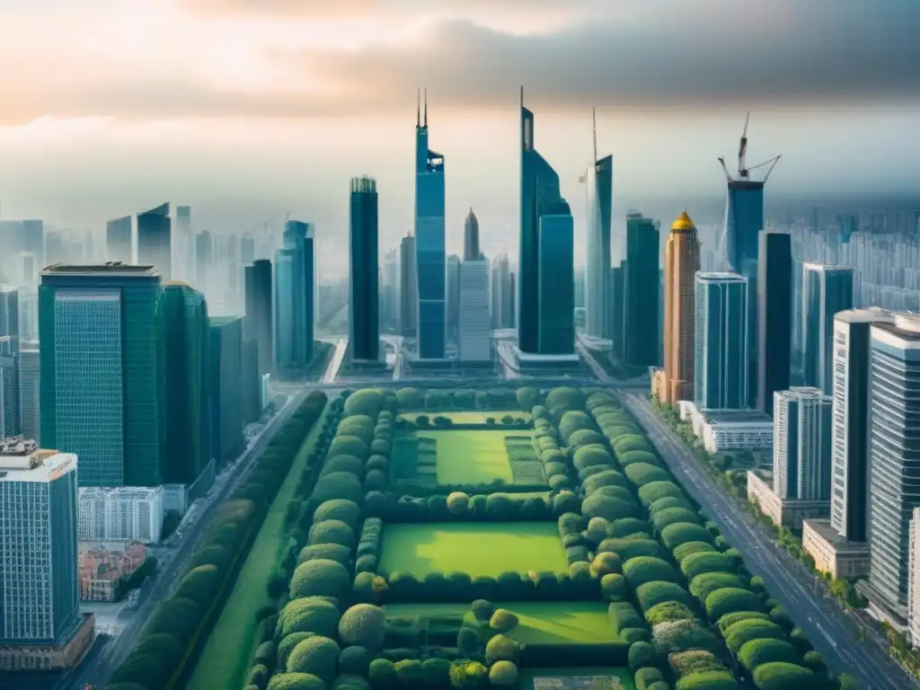 Metrópolis dinámica: real estate en tiempos de crisis Vista de ciudad dinámica con rascacielos y profesionales inmersos en discusiones, reflejando estabilidad y crecimiento