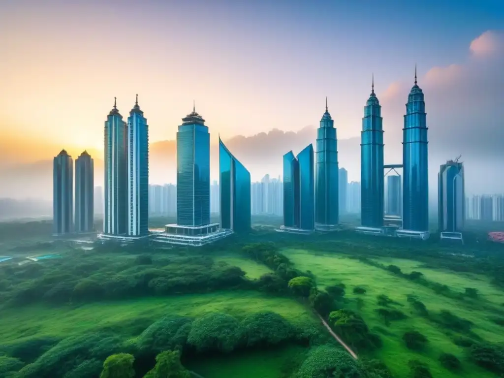 Metrópolis emergente: innovación en arquitectura y real estate Vista de una ciudad emergente vibrante con innovadoras políticas de vivienda en mercados emergentes