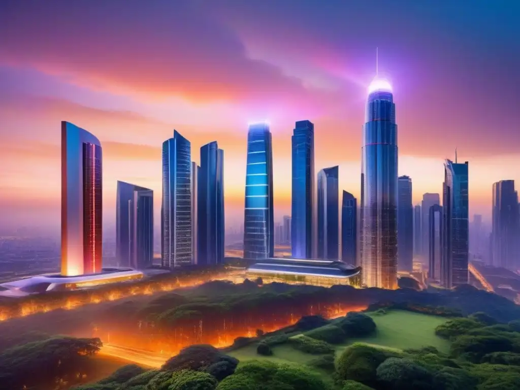 Horizonte urbano futurista con IA y naturaleza Vista de ciudad futurista al atardecer con rascacielos brillantes y tecnología avanzada, integrando la Inteligencia Artificial en Gestión Inmobiliaria
