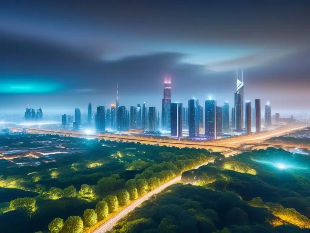 Skyline futurista: Ciudad blockchain sostenible en 8k Vista de la ciudad futurista con blockchain en financiación de proyectos, integrando tecnología y sostenibilidad