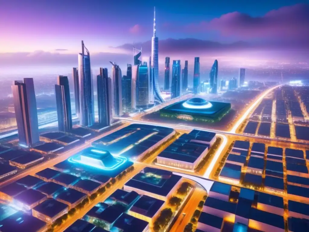 Skyline futurista: innovación y eficiencia en el mercado inmobiliario Vista de una ciudad futurista con edificios altos, espacios verdes y sistemas de transporte avanzados, iluminada por luces de neón
