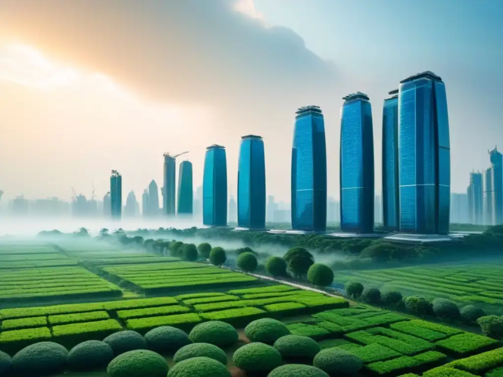 Metrópolis sostenible: un futuro verde entre rascacielos y naturaleza Vista de una ciudad futurista integrada con vegetación, simbolizando un futuro sostenible para el mercado inmobiliario frente al impacto financiero del cambio climático