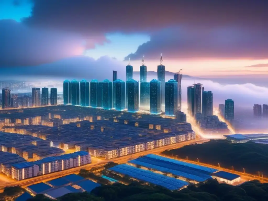 Modernidad: Ciudad futurista con blockchain integrado Vista de una ciudad futurista con nodos blockchain integrados, simbolizando transacciones inmobiliarias internacionales con blockchain
