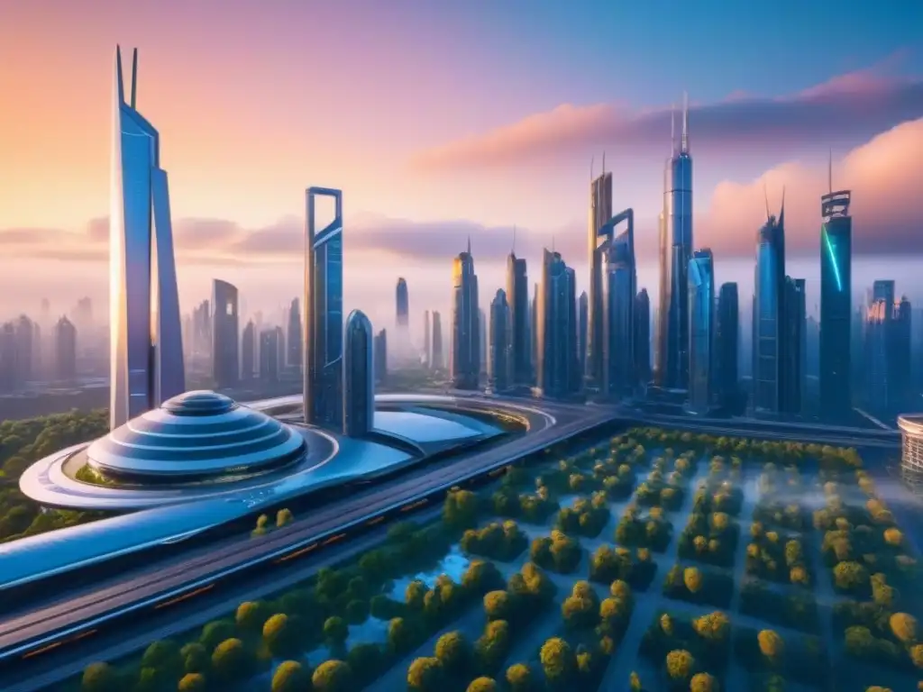 Metropolis futurista: atardecer en una ciudad innovadora Vista 8k de ciudad futurista con rascacielos reflejando atardecer, integrando tecnología avanzada y preparándose para crisis mercado inmobiliario