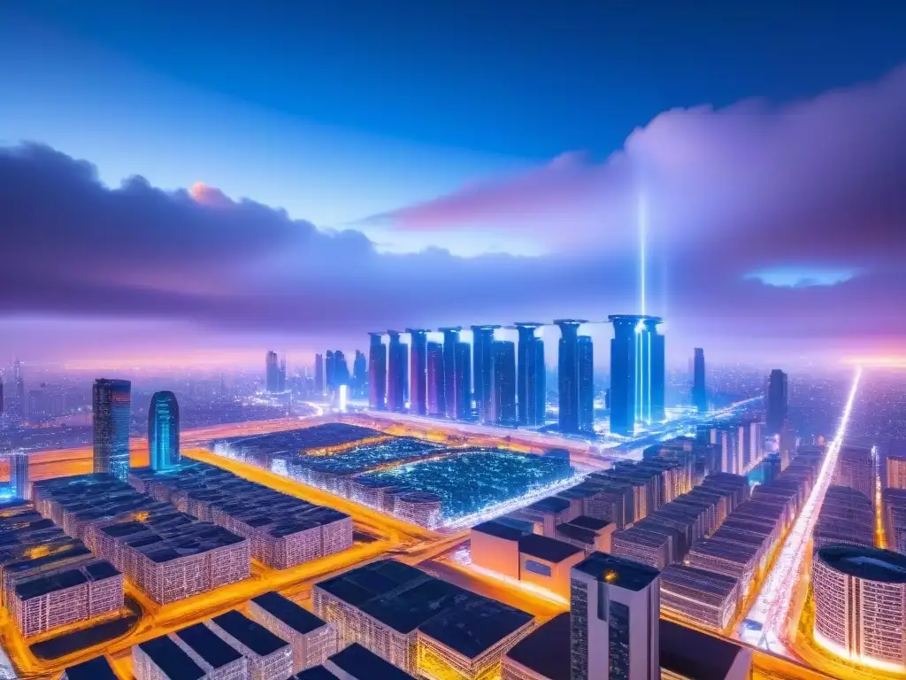 Metrópolis futurista con IA y drones en atardecer Vista de la ciudad futurista al anochecer, con rascacielos luminosos y drones AI, reflejando la supervisión remota de propiedades con IA