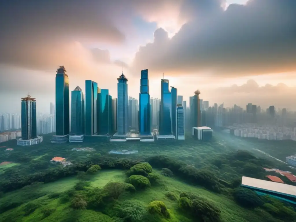 Skyline vibrante en mercado emergente: oportunidades inmobiliarias Vista de ciudad en mercado emergente: arquitectura tradicional y rascacielos modernos entre naturaleza, profesionales en negociaciones