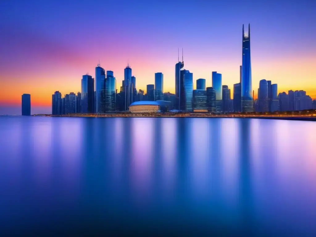 Inversiones inmobiliarias: horizonte de cristal al atardecer Vista de la ciudad moderna al atardecer, reflejos en rascacielos de cristal, simbolizando la predicción de riesgos en inversión