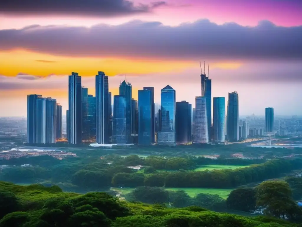 Horizonte urbano moderno al atardecer: luces y naturaleza Vista de ciudad moderna al atardecer con rascacielos y áreas verdes