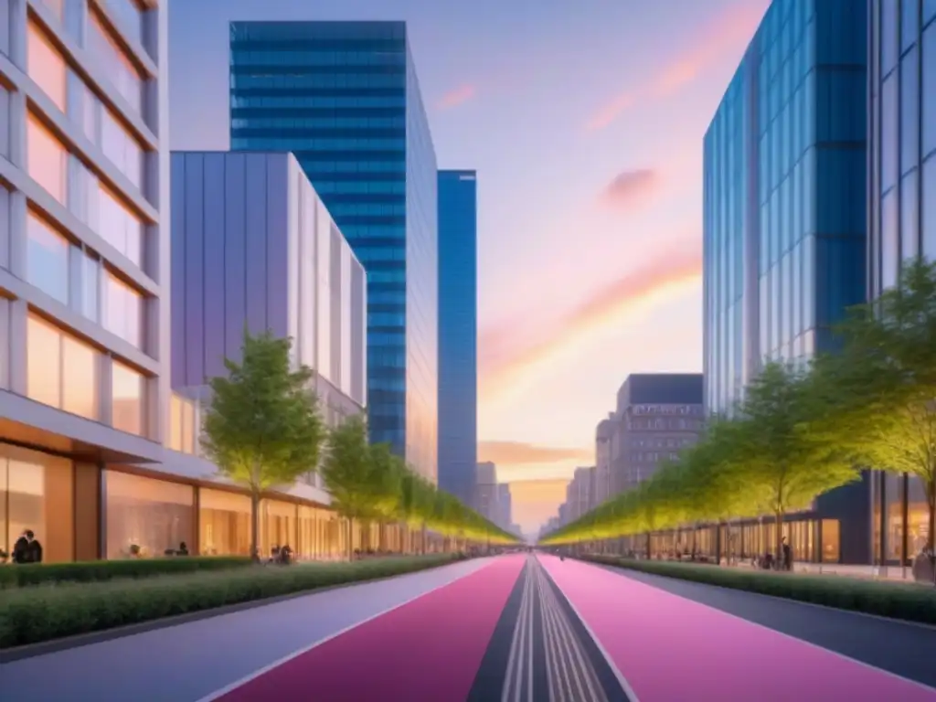 Horizonte urbano al atardecer: progreso y sostenibilidad en la ciudad Vista de la ciudad moderna al atardecer con rascacielos iluminados por el sol, reflejando el impacto normativas ambientales mercado inmobiliario