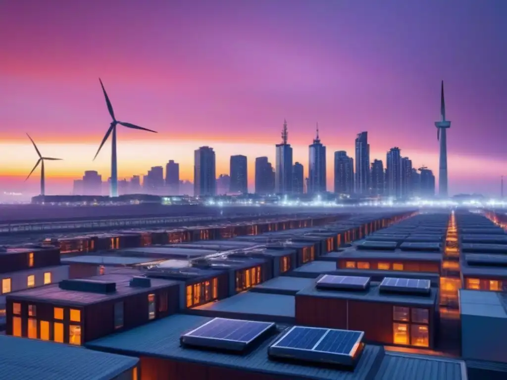 Vista de ciudad moderna al atardecer con edificios eficientes y energéticos