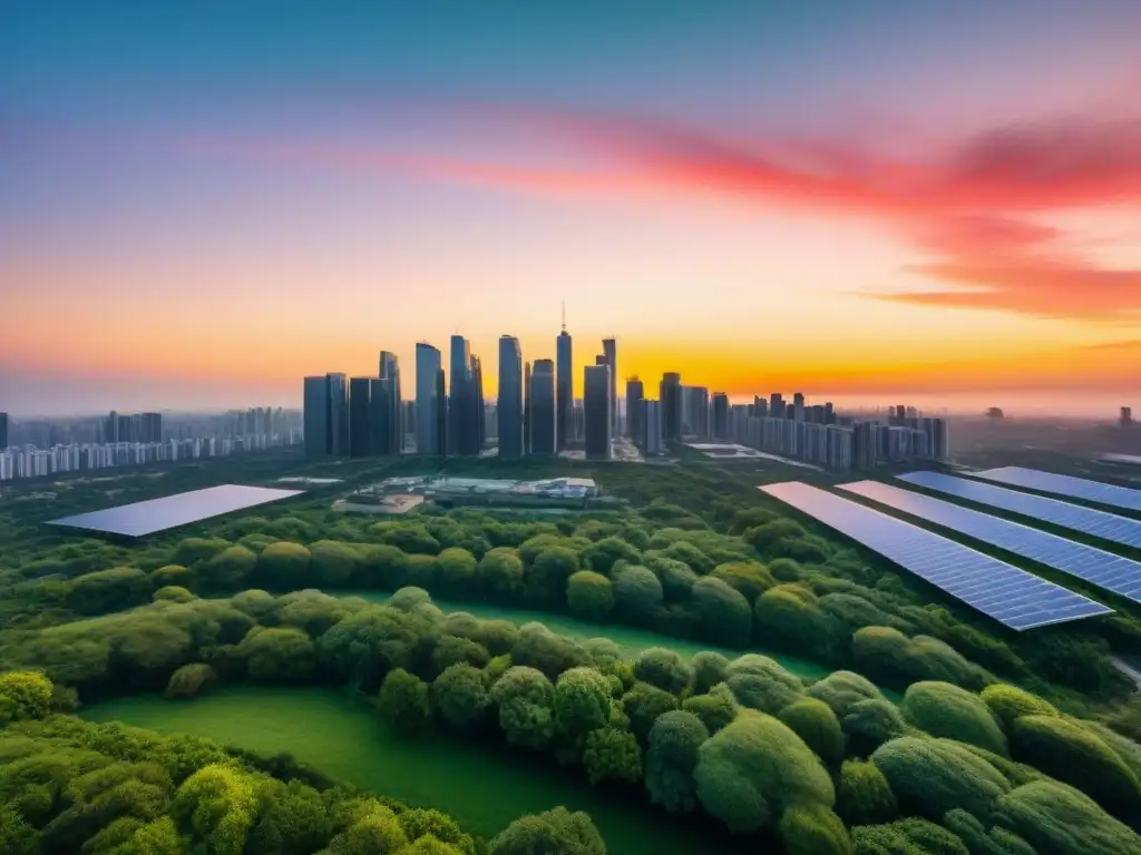 Horizonte eco-friendly: rascacielos sustentables al atardecer Vista de una ciudad moderna al atardecer con rascacielos sostenibles iluminados y paneles solares, simbolizando inversión inmobiliaria para reducir huella carbono