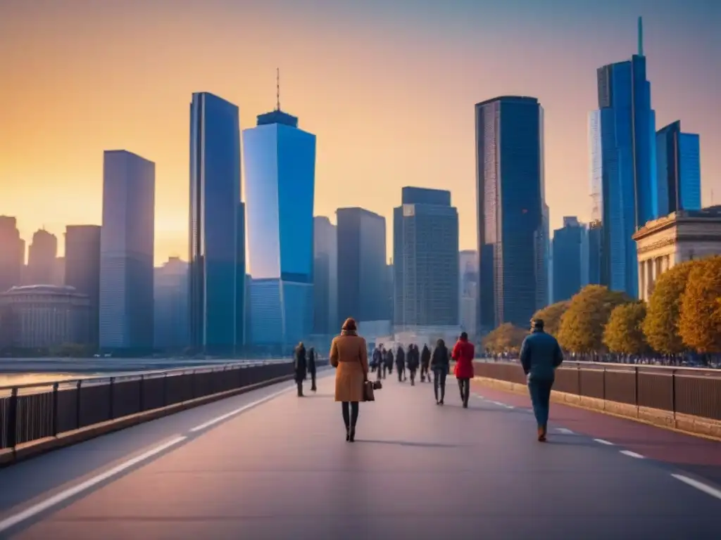 Horizonte urbano al atardecer: fusión de modernidad y tradición Vista de ciudad moderna al atardecer con río y gente caminando