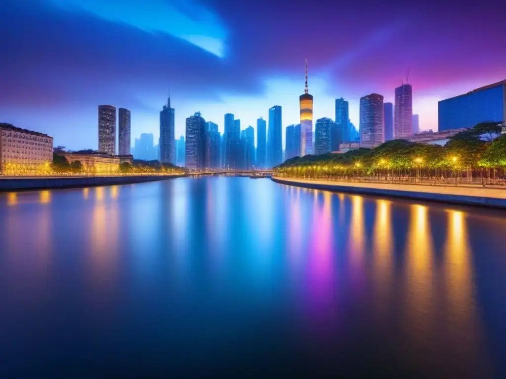 Horizonte urbano moderno al atardecer: inversión inmobiliaria global Vista de una ciudad moderna al anochecer, con rascacielos iluminados y un río tranquilo