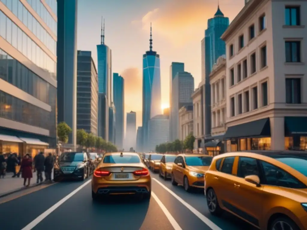 Horizonte urbano dinámico al atardecer: modernidad y diversidad Vista de ciudad moderna al anochecer, con rascacielos iluminados por el sol dorado, reflejando el dinamismo del mercado inmobiliario