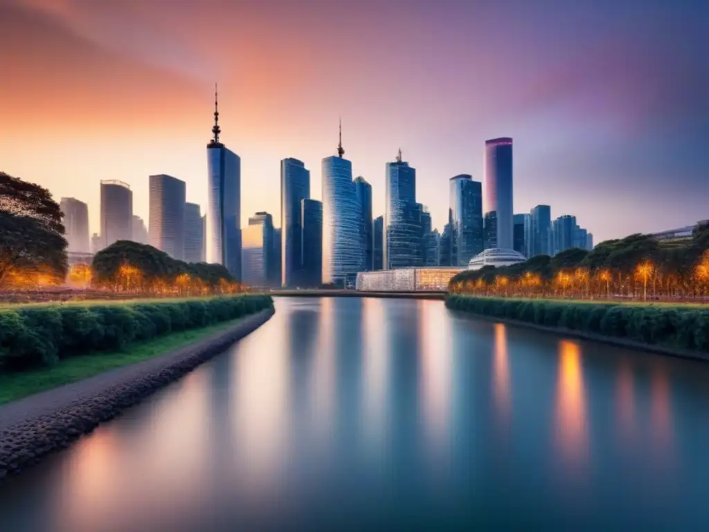 Horizonte urbano al atardecer: fusión de rascacielos y naturaleza Vista de una ciudad moderna al anochecer con rascacielos iluminados reflejándose en un río tranquilo, fusionando desarrollo urbano y elementos naturales en la inversión inmobiliaria