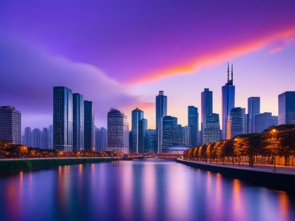 Vista de una ciudad moderna al anochecer, con rascacielos iluminados en un cielo púrpura y naranja, reflejando en un río