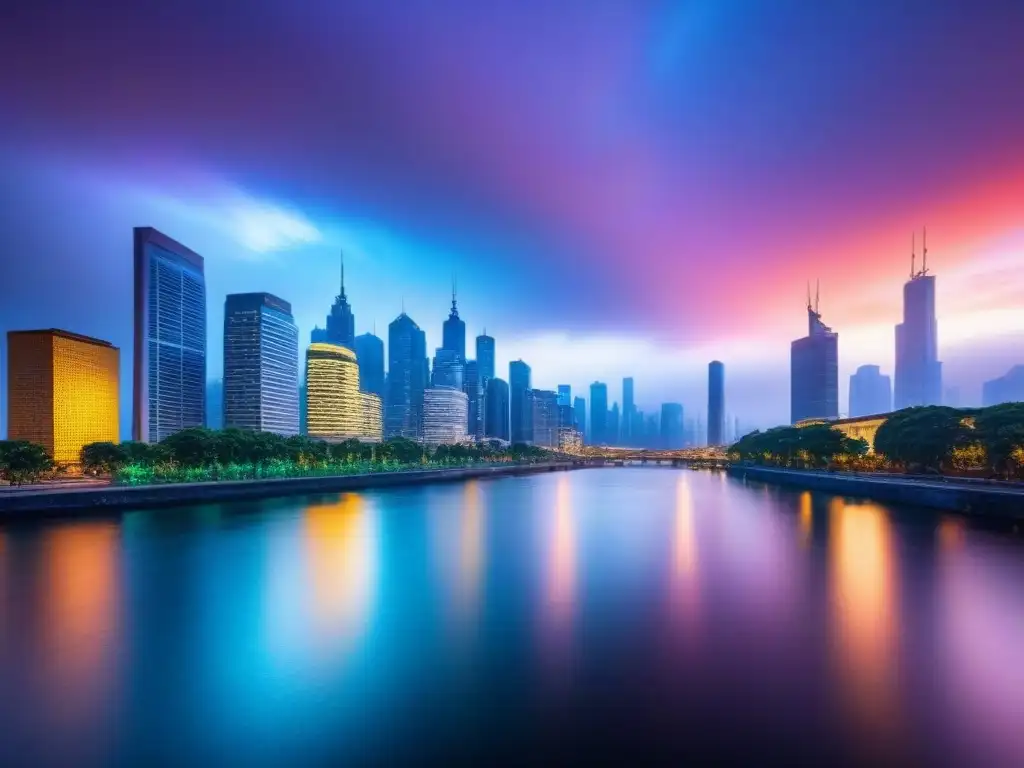 Horizonte urbano moderno al anochecer: luces y arquitectura postcrisis Vista de una ciudad moderna al anochecer con rascacielos iluminados y un río tranquilo