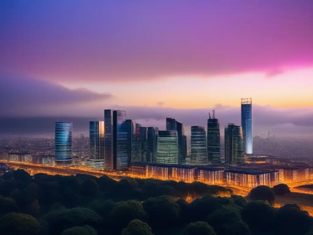 Horizonte urbano futurista postBrexit: luces vibrantes en la ciudad al anochecer Vista de la ciudad moderna al anochecer con rascacielos iluminados y vibrantes luces futuristas, reflejando un dinámico mercado inmobiliario postBrexit
