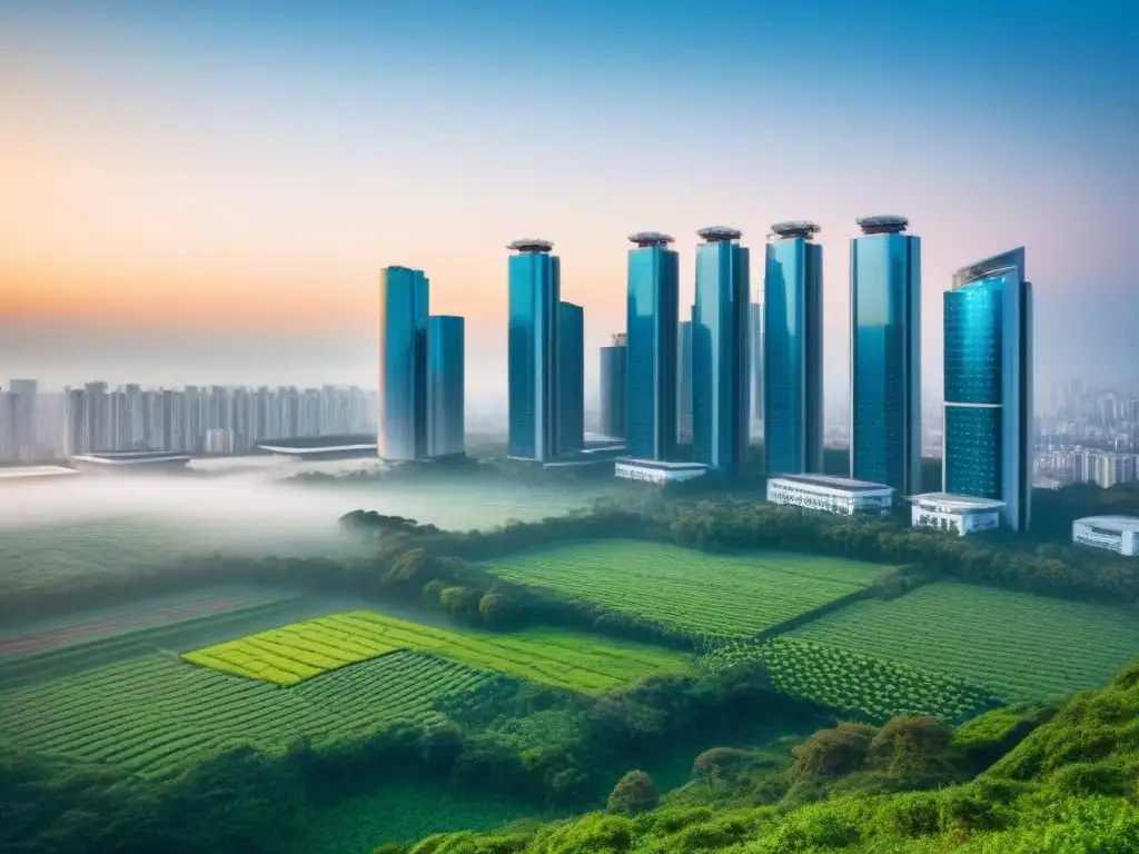Horizonte urbano sostenible: un nuevo amanecer verde Vista de la ciudad moderna con rascacielos verdes, simbolizando el impacto del cambio climático en el mercado inmobiliario