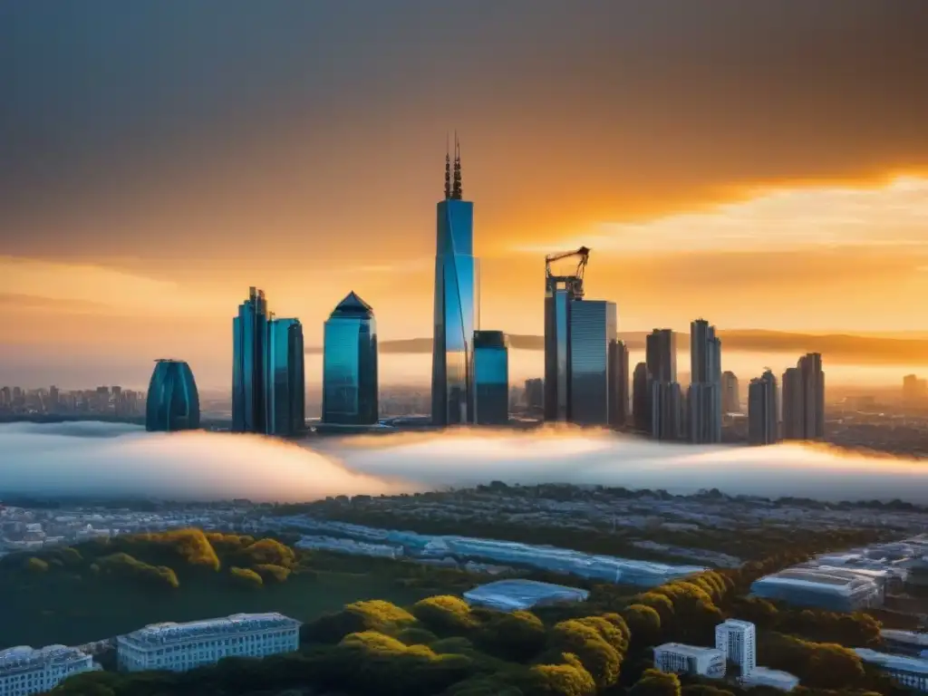 Metrópolis futurista: mercado inmobiliario internacional en auge Vista de la ciudad moderna con rascacielos relucientes, reflejando el sol y mostrando un mercado inmobiliario internacional bullicioso