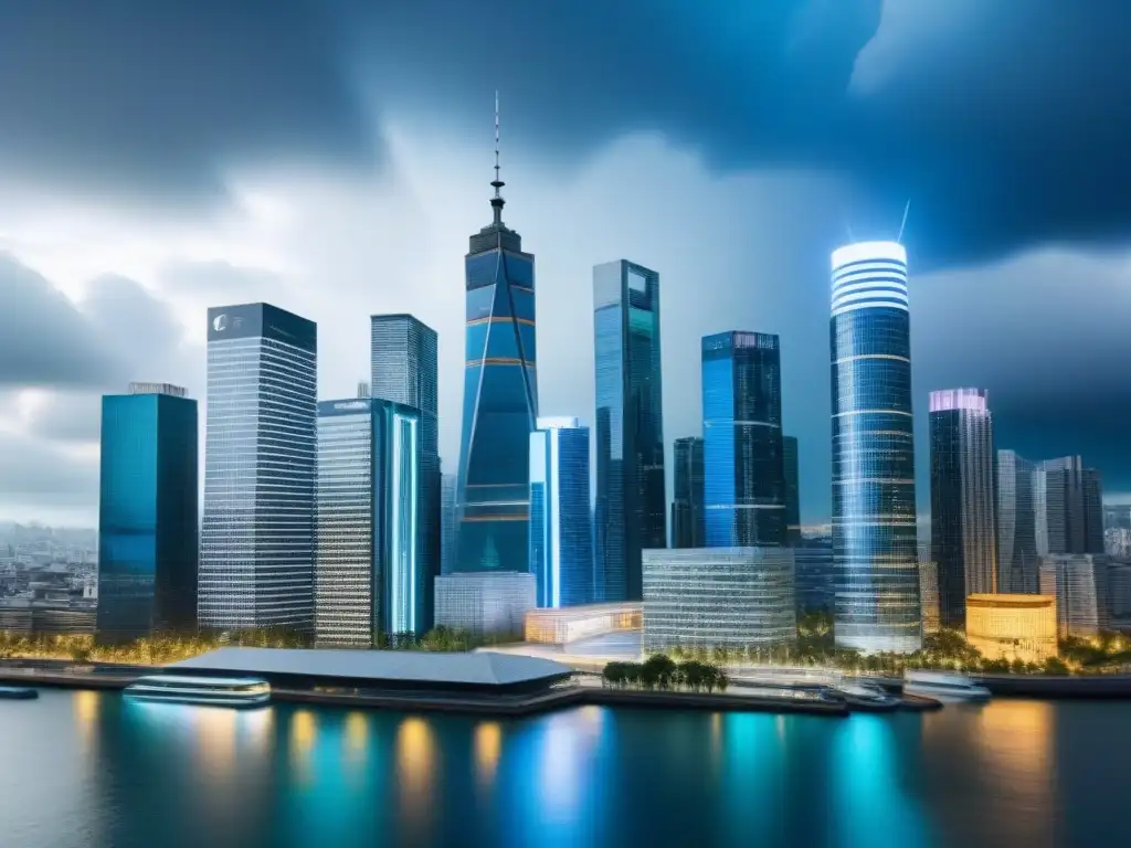 Tormenta de monedas en la ciudad: protegiendo inversiones inmobiliarias Vista de una ciudad moderna rodeada de símbolos monetarios internacionales, transmitiendo protección ante fluctuaciones cambiarias