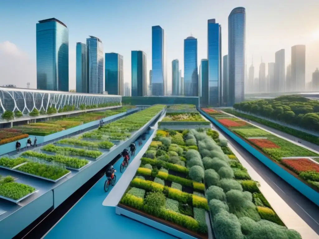 Metrópolis verde: arquitectura sostenible y vida urbana ecofriendly Vista de ciudad moderna y sostenible con normativas ambientales en desarrollo urbano global
