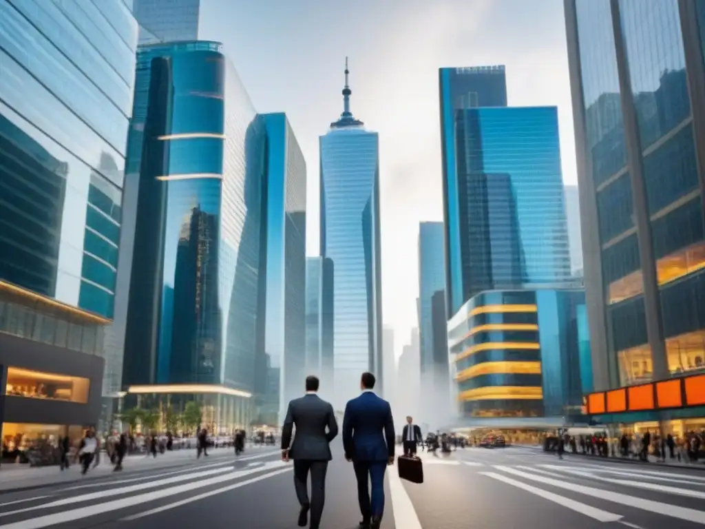 Skyline urbano: negocios inmobiliarios internacionales Vista de la ciudad con rascacielos modernos y profesionales en trajes en una calle bulliciosa
