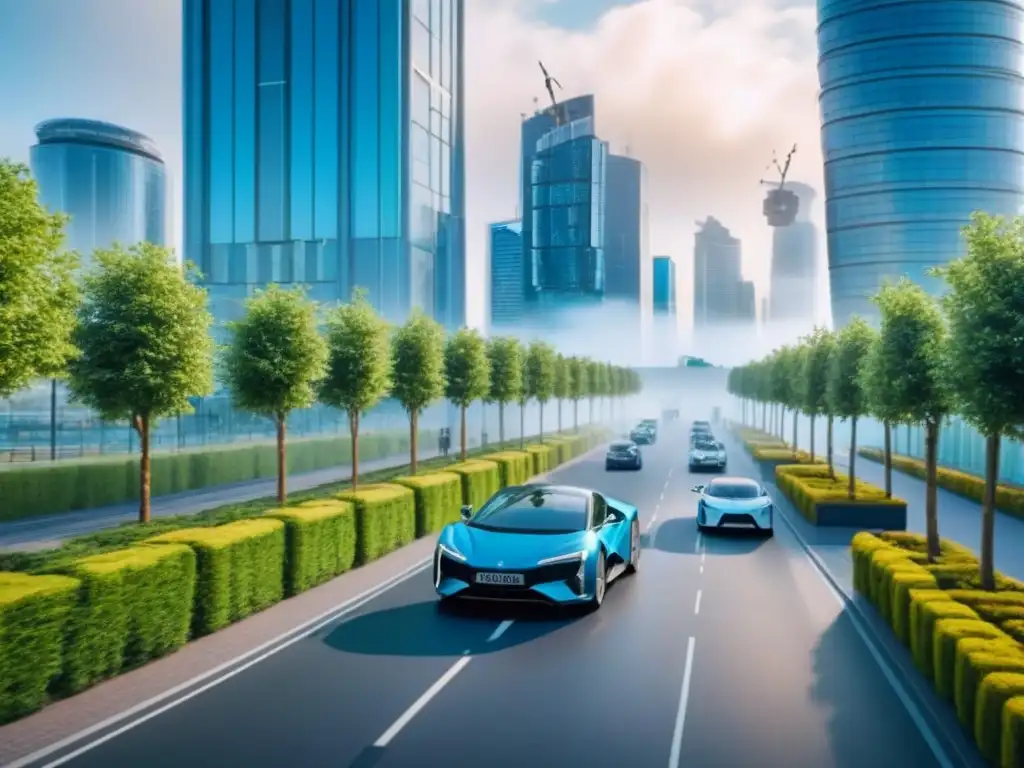 Cityscape sostenible: modernidad verde en 8k Vista de ciudad sostenible con edificios verdes, paneles solares y turbinas eólicas